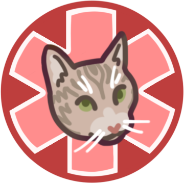 a red circle with a large medical alert asterisk inside it, and a cat pictured in the center.